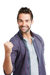 Fototapeta premium Fist pump, portrait and smile of man in studio for achievement, celebration or success as winner. Announcement, good news and yes with happy person isolated on white background for goals or target