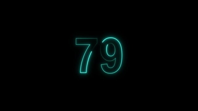 neon number 79 glowing on a black background, digital countdown timer element, vibrant futuristic typography	