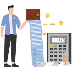 Businessman managing finances with calculator and wallet