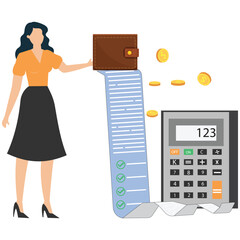 Businesswoman managing finances with calculator and wallet