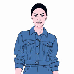 Stylish woman blue denim outfit hand pocket