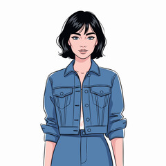 Fashion woman blue denim jacket skirt standing