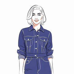 Woman white hair purple denim outfit posing