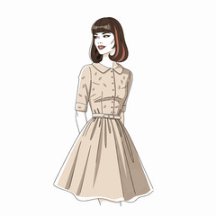 Stylish woman beige flared dress hands pocket