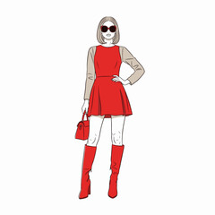 Stylish woman red dress sunglasses red boots