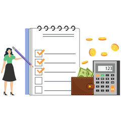 Woman managing finances with checklist, calculator, and money