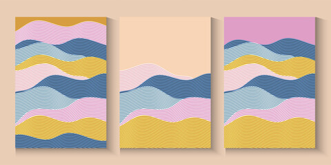 Obraz premium Japanese background with line wave colorful pattern. set of Abstract template poster, cards, banner with geometric pattern. minimal Mountain layout design in oriental style. 