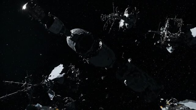 Accumulation of debris and defunct satellites in space, showcasing solar panels and fragments from old spacecraft, space junk concept animation.