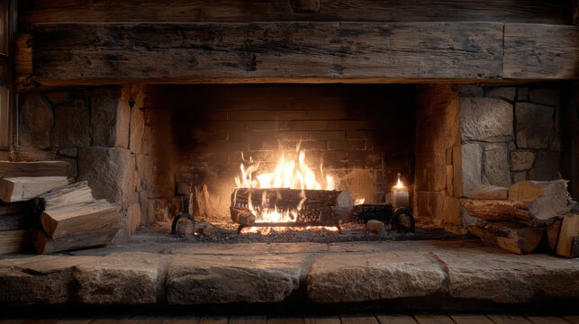 Fireplace fire log wood stone candle warm cozy rustic flame crackling fireplace fire log wood stone candle warm cozy relaxation in winter night - Powered by Adobe