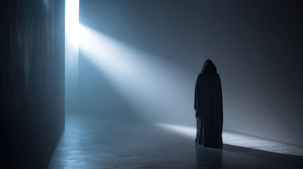 Fototapeta premium Dark corridor hooded figure silhouette, mysterious cloaked person dramatic light, horror atmosphere fear, solitary shadow, moody suspense