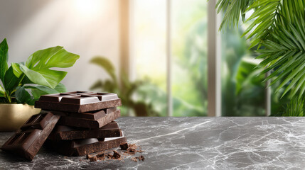 Dark chocolate bar chocolate stack marble table sunlight tropical plant luxury dessert gourmet food cocoa candy sweet confection snack square