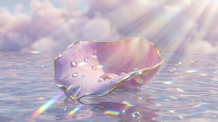 Naklejka premium Iridescent shell with water droplets floating on calm ocean surface 