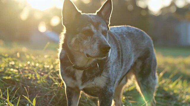 Dog in the grass, beautiful sunlight, outdoor, nature, pet, animal, canine.