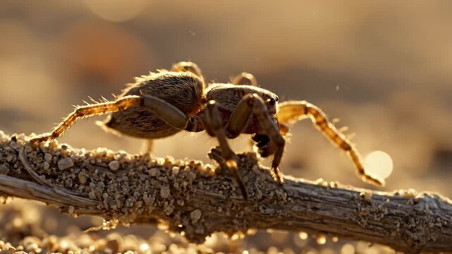 Close-up of a brown spider perched on a small branch in nature.