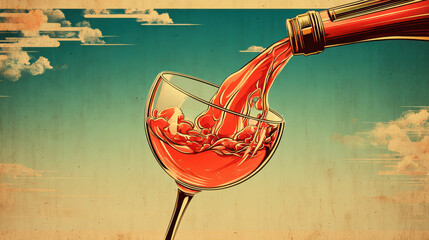 Red wine pour wine glass alcohol drink vintage style retro art sky background cloud liquid splash bottle elegant mood Red wine pour into clear