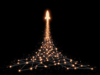 Rocket Launch and Futuristic Digitalization: A dynamic visualization of a rocket soaring towards the cosmos, fueled by a network of interconnected glowing nodes, epitomizing technological advancement.
