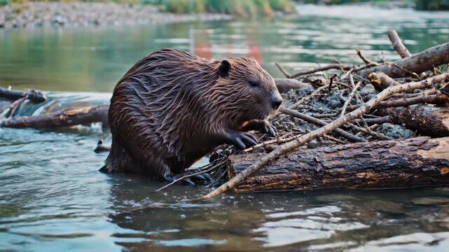 Beaver constructing dam with logs in forest river. Canadian national animal in natural habitat with countrys flag symbolizing wildlife and emblem of Canada in outdoor environment.