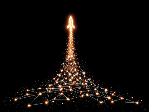 Rocket Launch and Futuristic Digitalization: A dynamic visualization of a rocket soaring towards the cosmos, fueled by a network of interconnected glowing nodes, epitomizing technological advancement. - Powered by Adobe