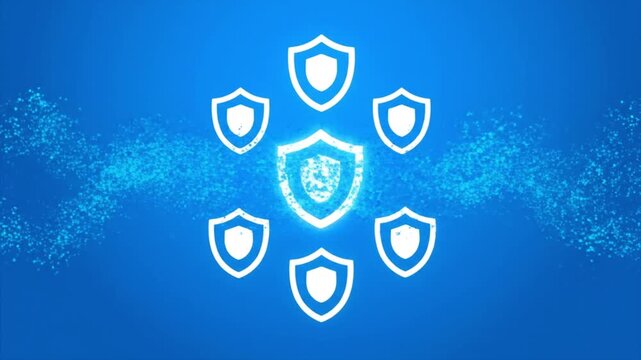Flat lay of a digital shield with multiple smaller shields around it on a blue background with particles