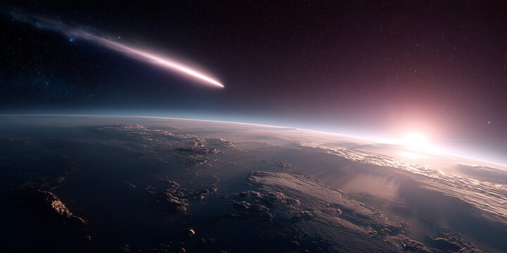 Bright Comet with Long Glowing Tail Passing a Planet in Deep Space