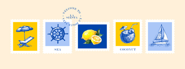 Vintage summer Italian Mediterranean coastal postage stamp set. Hand drawn vector illustration. Amalfi sketch and watercolor beach vacation design. © pim
