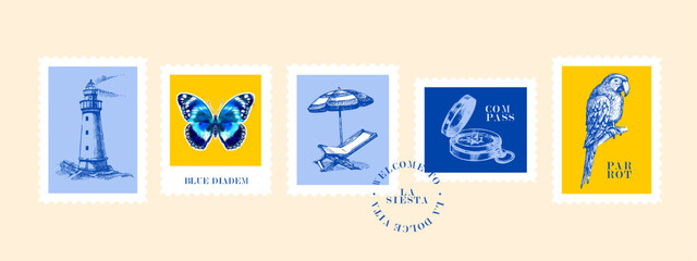 Vintage summer Italian Mediterranean coastal postage stamp set. Hand drawn vector illustration. Amalfi sketch and watercolor beach vacation design. © pim