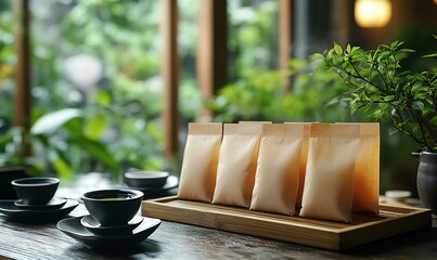 Craft paper tea bags and traditional ceramic cups on wooden table in serene setting