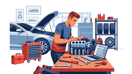 Vector illustration of a mechanic or car enthusiast tuning a generic engine on a workbench, automotive hobby and mechanical passion in flat vector style