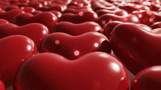 Close up view of numerous red heart shaped objects with dot details
