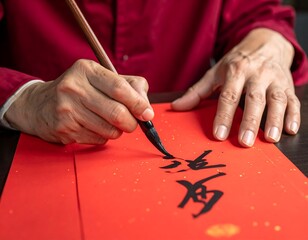 Elderly hands carefully paint calligraphy characters with a brush on bright red paper, creating delicate strokes