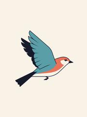 Fototapeta premium Minimalist illustration of a small bird in flight, with orange and blue accents, on a light beige background