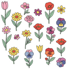 Flat Floral Illustration Set &ndash; Colorful Flowers Vector Icons