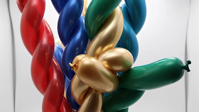 Brightly Colored Balloon Sculpture Twisting Together on a Clean White Studio Background