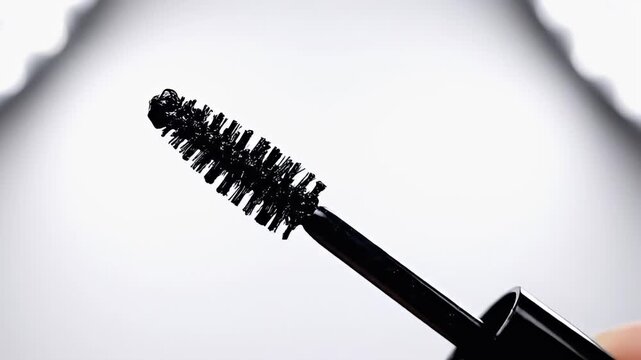 Close Up Macro Shot Of Black Mascara Wand With Bristles On A White Background Illuminated By Soft Light