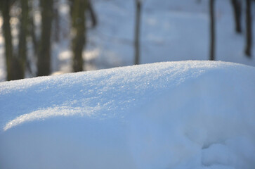 Winter snow textured background outdoors. Snowy hill  landscape close up.