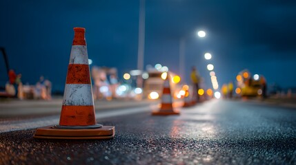 Traffic Cones on Road at Night Warning of Construction for Safe Driving