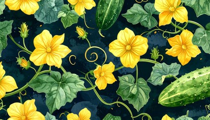 Cucumber blooms, vines, and leaves watercolor pattern on dark background