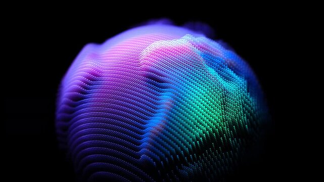 Digital Earth made of glowing particles on dark background. Abstract planet representing global data, artificial intelligence (AI), technology or communication networks. Slow motion looped animation