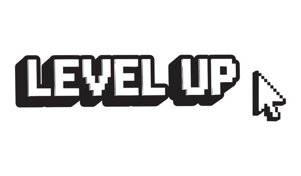 Pixelated level up text with cursor on white background