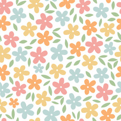 Cute floral seamless pattern with leaves for textile prints, wallpaper, stationery, wrapping paper, kids apparel, scrapbooking, backgrounds, etc. EPS 10