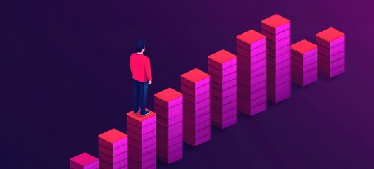 A person stands on stacks of vibrant pink blocks, symbolizing growth and progress in a stylized, digital landscape.