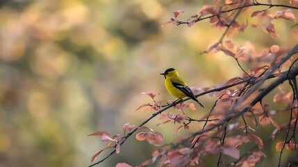 Fototapeta premium Small yellow bird perched on tree branch with autumn leaves