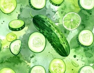 Cucumbers & limes amid green watercolor washes offer a fresh, healthy & vibrant visual