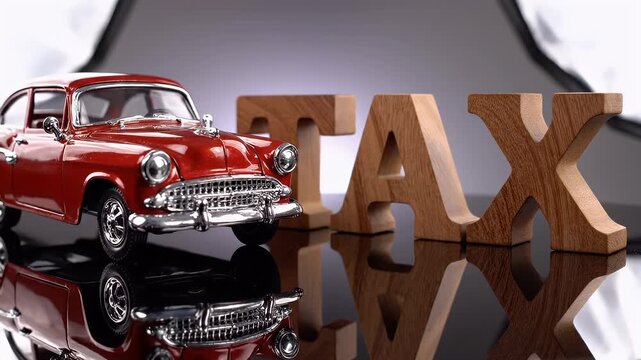 Red Vintage Car Model Next To Wooden TAX Letters On Reflective Surface Studio Lighting