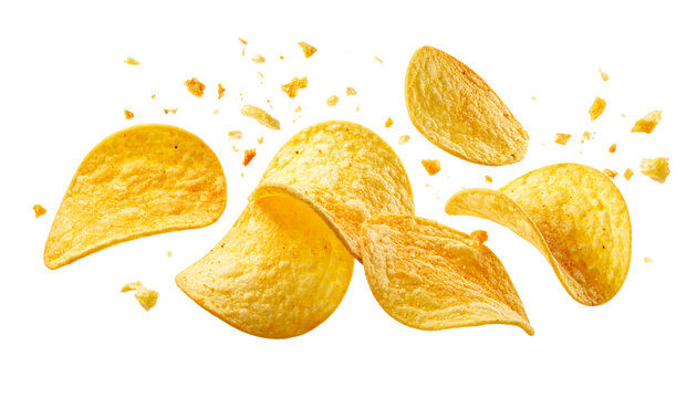 A heap of delicious, crunchy potato chips and salty tortilla nachos isolated on a white background makes for a tasty but unhealthy fried snack