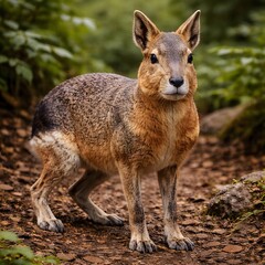 patagonian mara standing alert in natural woodland habitat unique animal