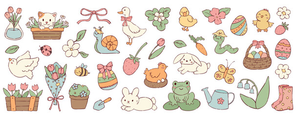 Spring and Easter kawaii cartoon elements, doodles collection for stickers, prints, apparel decor, cards, banners, posters, stationery, etc. EPS 10