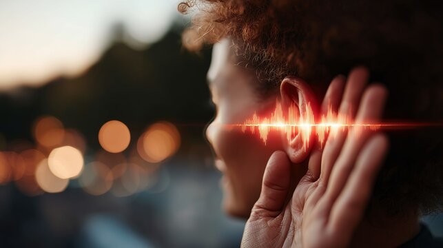 A person attentively listens as sound waves visually represented near their ear amidst a serene, blurred outdoor background.