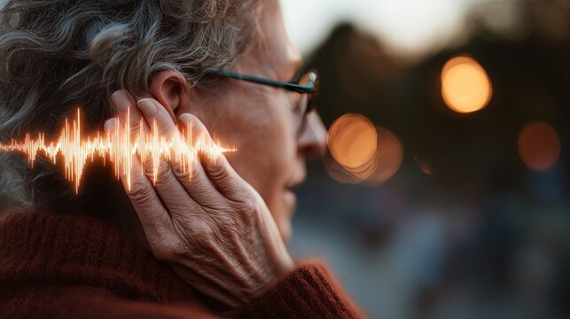 Close-up of an elderly woman with visible sound waves illustrating tinnitus, emphasizing auditory issues associated with aging.
