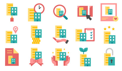 부동산 아파트 컬러 플랫 아이콘 세트